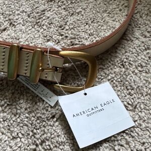 American Eagle Off-White Leather Belt with Gold Buckle